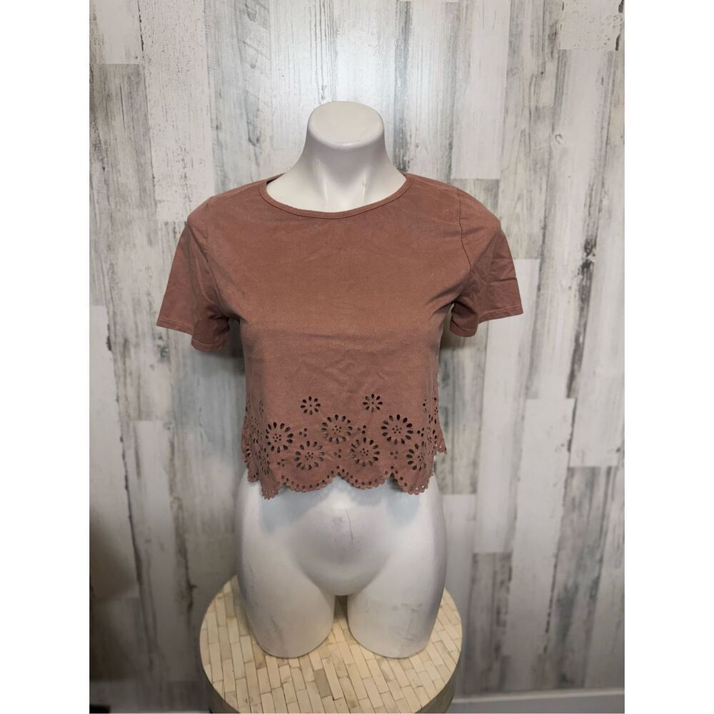 Agaci Mauve Faux Suede Eyelet Laser Cut Crop Top Womens Size Small S Short Sleev